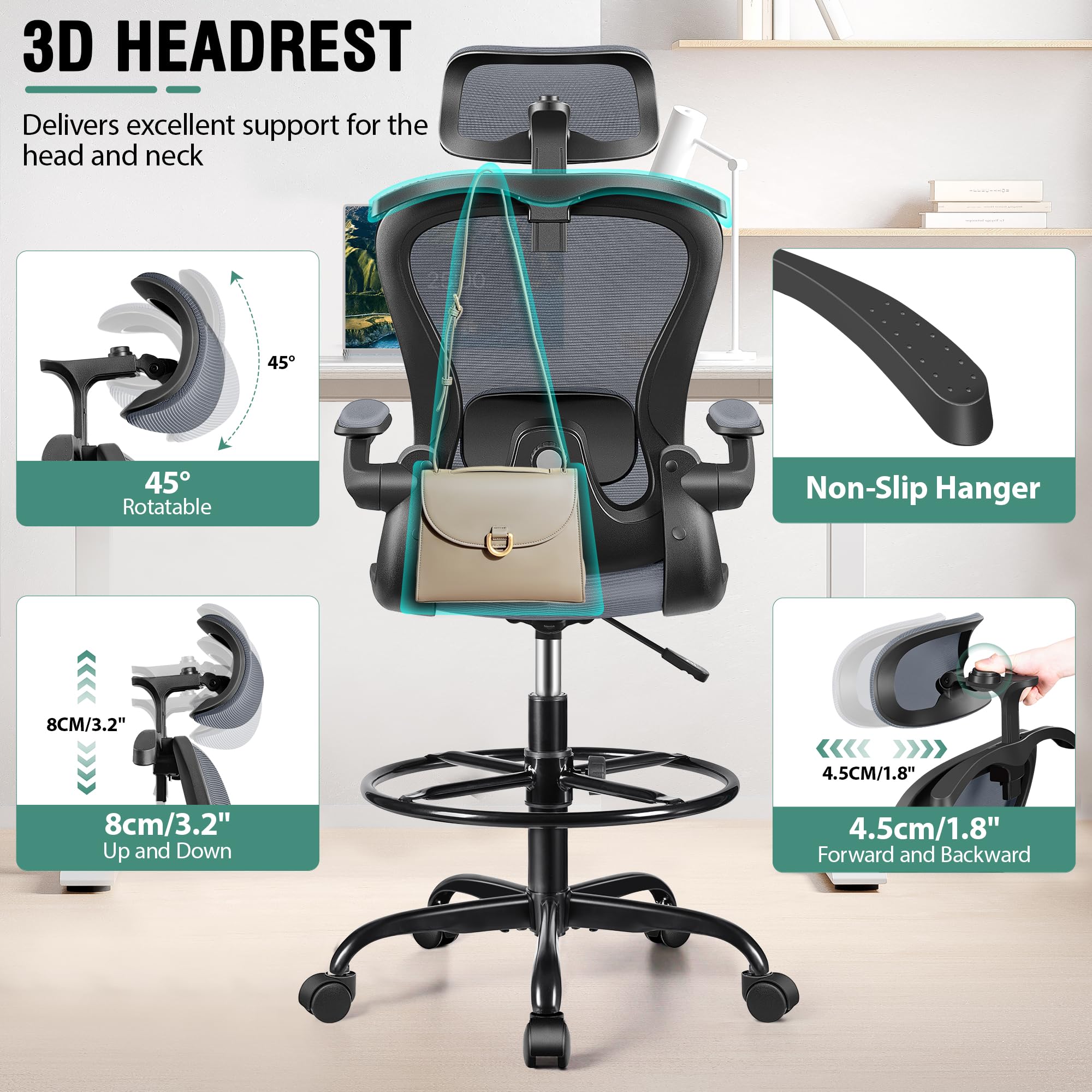 Amazon.co.jp: 製図用椅子、背の高いオフィスチェア、3Dランバー